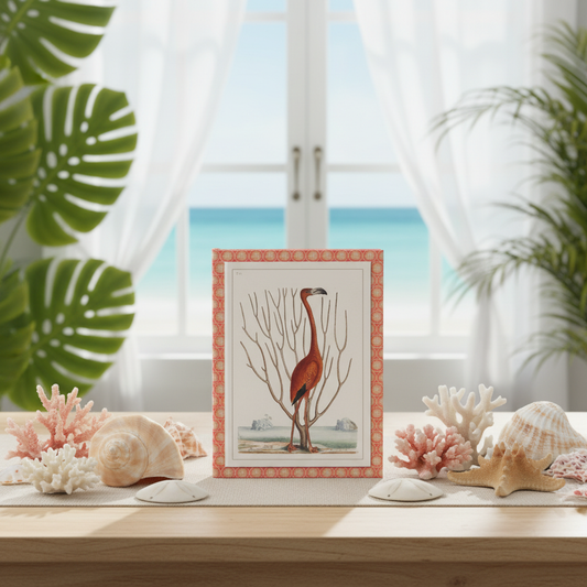 Flamingo hardcover journal standing on light wooden table near ocean view window with seashells, natural coral, starfish, tropical palm fronds, bright coastal sunlight, elegant stationery for bird watchers and tropical nature enthusiasts - LeBonJournal