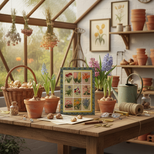 Floral journal at Dutch greenhouse table with terracotta bulb pots tulips hyacinths Haarlem's Flora 1872 - LeBonJournal
