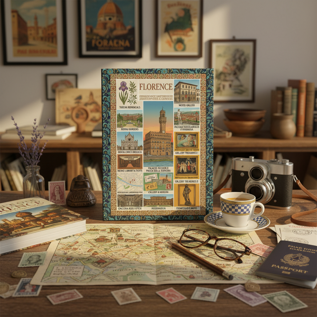 Florence journal at Italian traveler desk with vintage map guidebook Tuscan lavender Renaissance heritage - LeBonJournal
