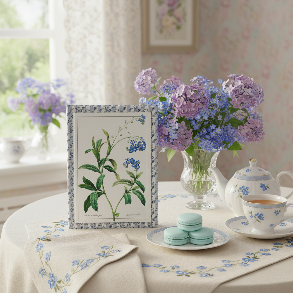 Forget Me Not hardcover journal standing on linen tablecloth embroidered with blue flowers, elegant tea party with porcelain teapot decorated with forget-me-nots, fine teacup, light blue macarons, crystal vase with fresh forget-me-not and heliotrope flowers, romantic French-inspired setting, premium stationery for memory keepers - LeBonJournal