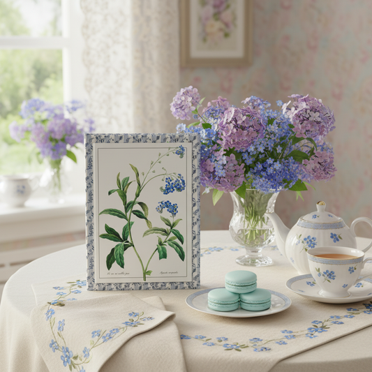 Forget Me Not hardcover journal standing on linen tablecloth embroidered with blue flowers, elegant tea party with porcelain teapot decorated with forget-me-nots, fine teacup, light blue macarons, crystal vase with fresh forget-me-not and heliotrope flowers, romantic French-inspired setting, premium stationery for memory keepers - LeBonJournal