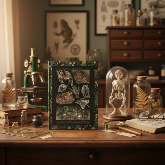 Frog anatomy journal on Victorian naturalist table with glass dome skeleton specimens microscope Brockhaus - LeBonJournal
