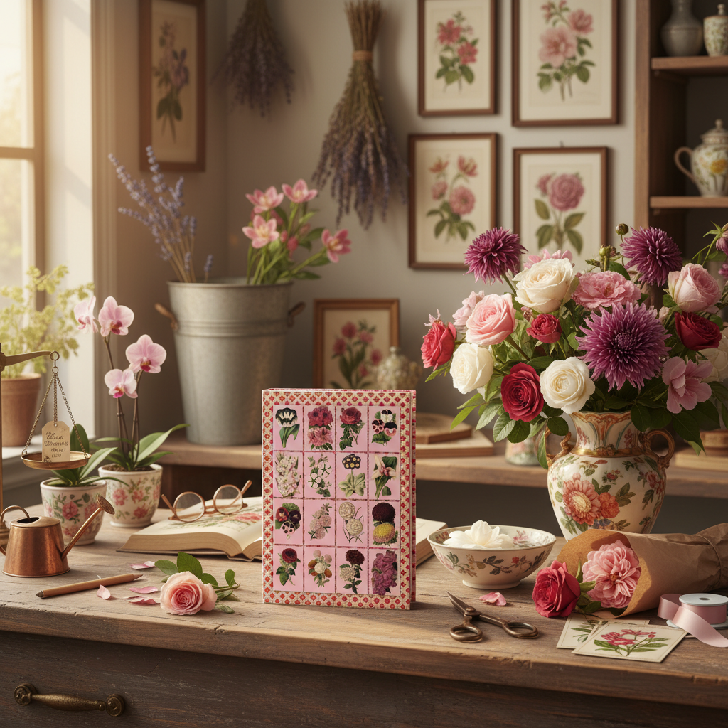 Garden journal at flower shop with fresh roses camellias dahlias Florist Garden Miscellany 1849 Victorian - LeBonJournal
