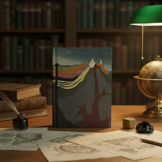 Benjamin Heyne 1814 geological cross-section journal in classic scientific library with brass globe leather books and green lamp - LeBonJournal
