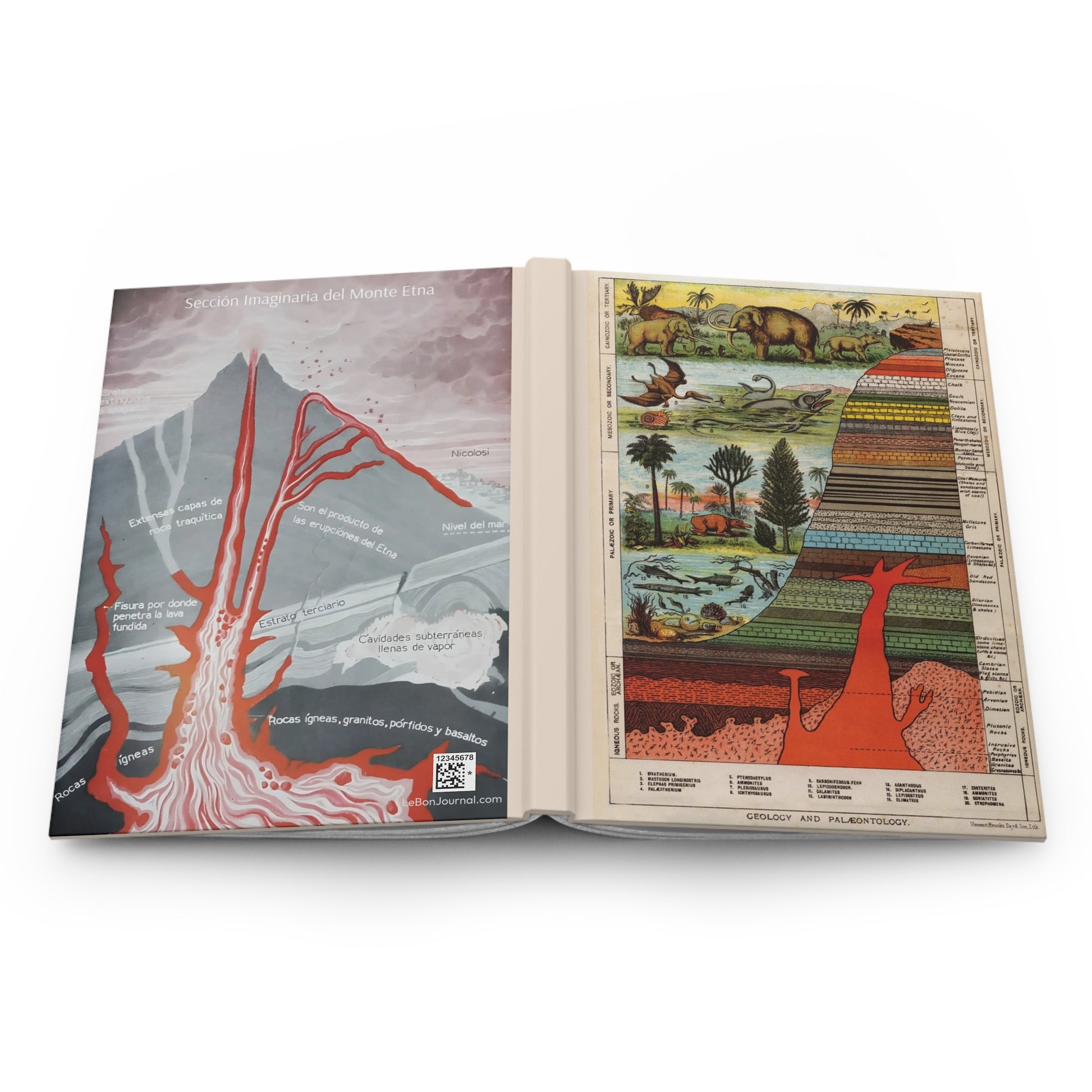 Geology Palaeontology journal open flat showing casewrap binding spine with Victorian 1880 geological eras chart and Mount Etna cross-section front and back covers - LeBonJournal