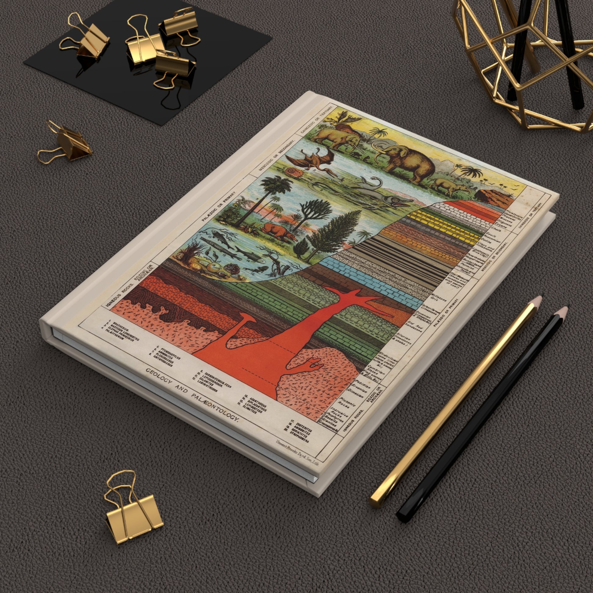 Geology Palaeontology journal on field researcher desk with Victorian science books rock specimens fossil collection geological maps and Mount Etna photography - LeBonJournal