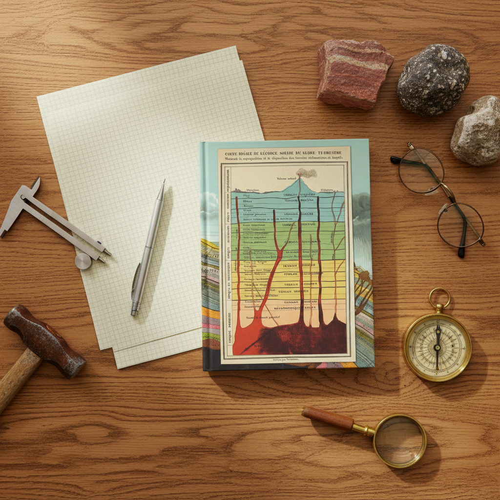 Geology stratigraphy journal on antique oak desk with geologist tools, rock specimens, graph paper, and caliper - overhead view - LeBonJournal