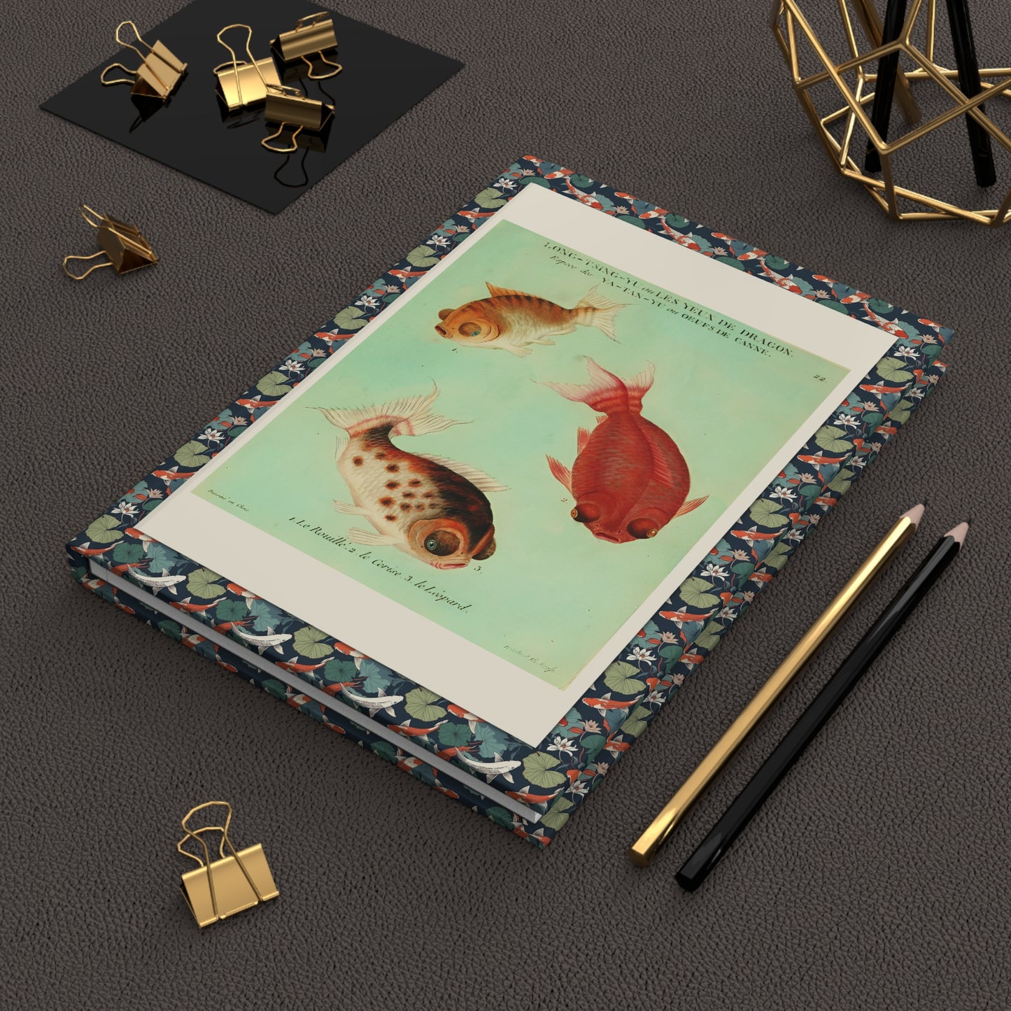 Goldfish journal on Asian inspired desk with koi pond photography vintage aquarium books Chinese calligraphy brush and 18th century French natural history tools - LeBonJournal
