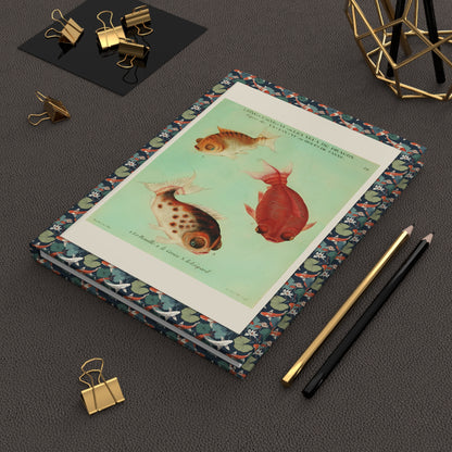 Goldfish journal on Asian inspired desk with koi pond photography vintage aquarium books Chinese calligraphy brush and 18th century French natural history tools - LeBonJournal