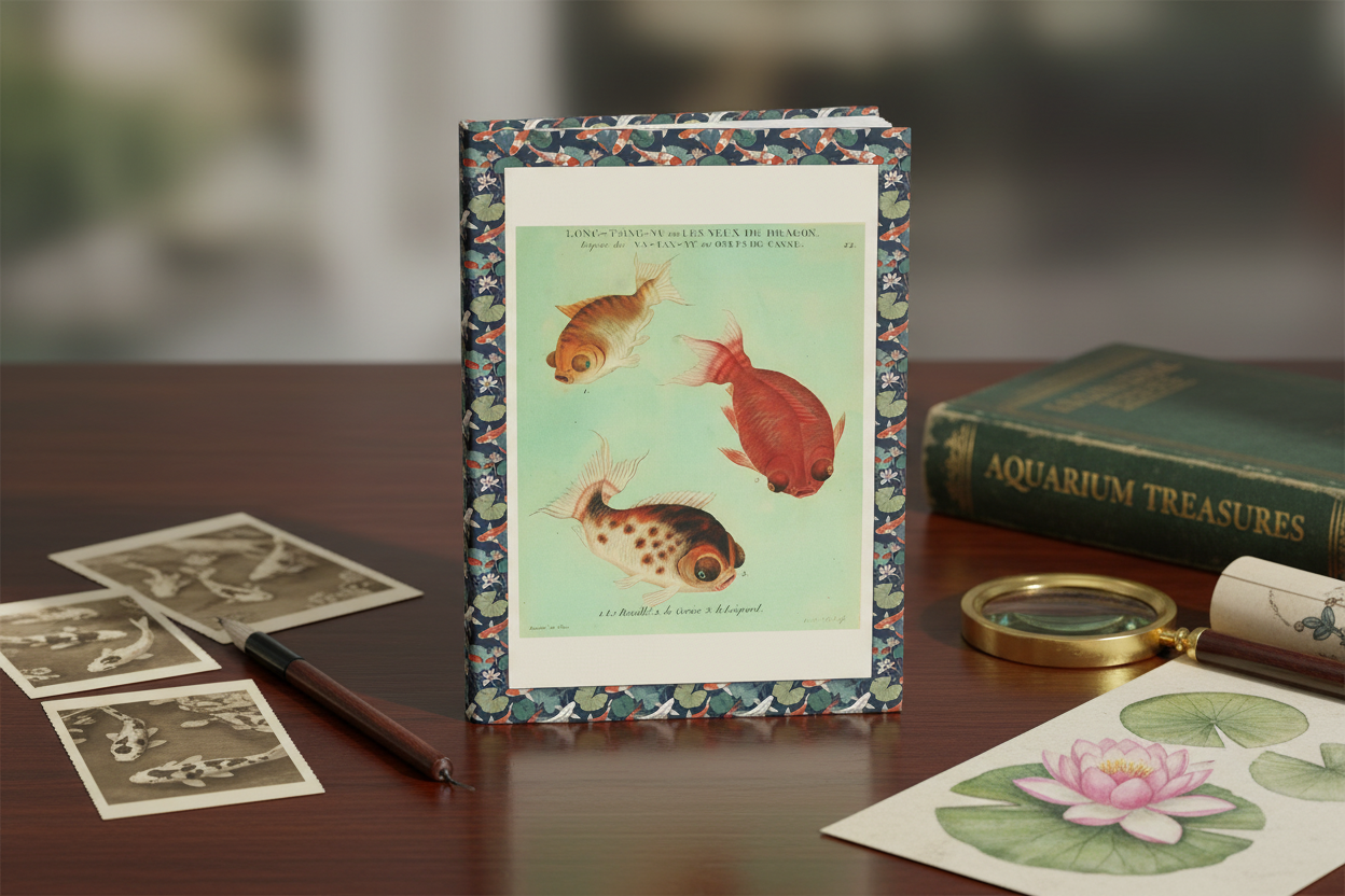 Goldfish journal on Asian inspired desk with koi pond photography vintage aquarium books Chinese calligraphy brush and 18th century French natural history tools - LeBonJournal