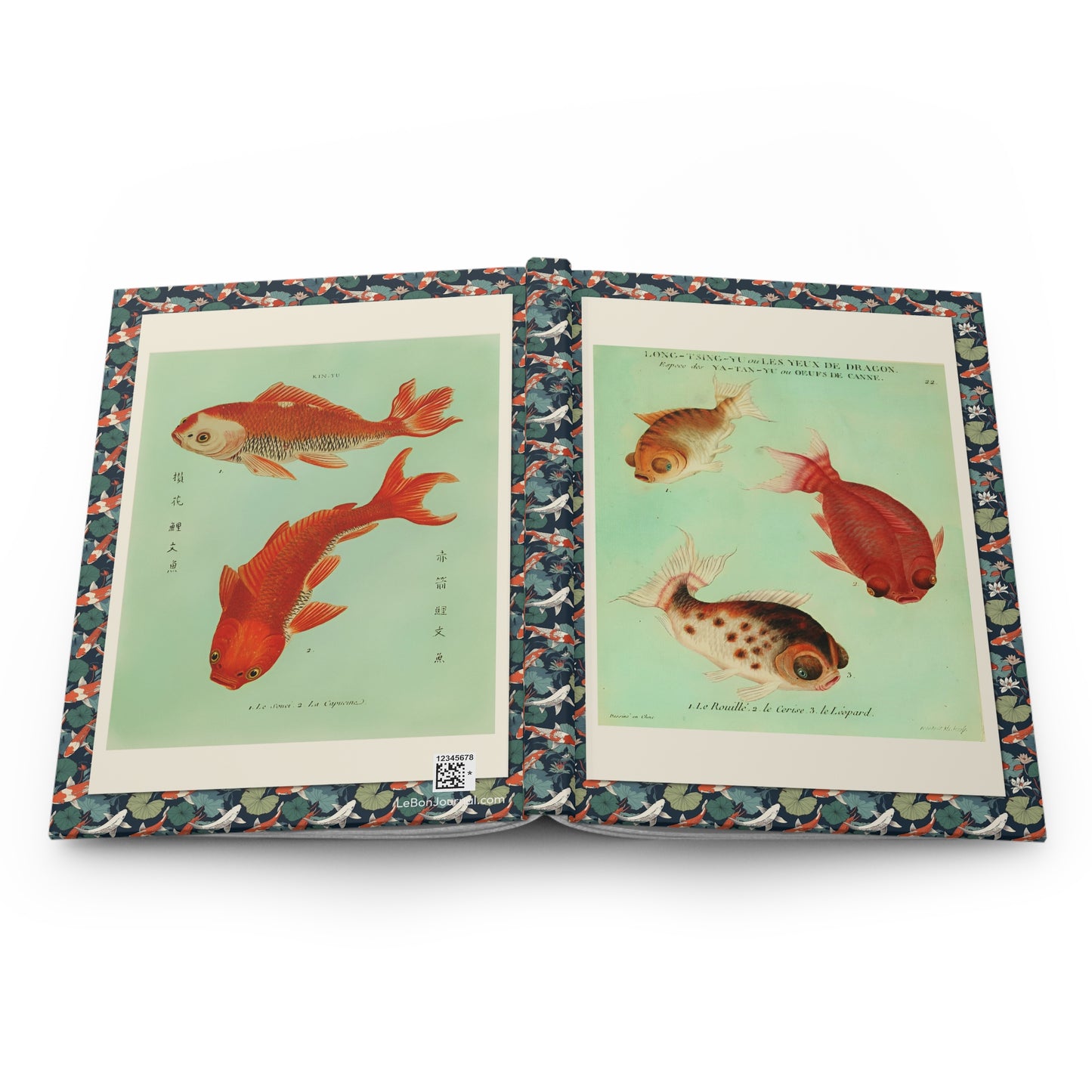 Goldfish journal open flat showing casewrap binding spine with François-Nicolas Martinet 1780 Dragon Eyes goldfish engravings front and back covers - LeBonJournal