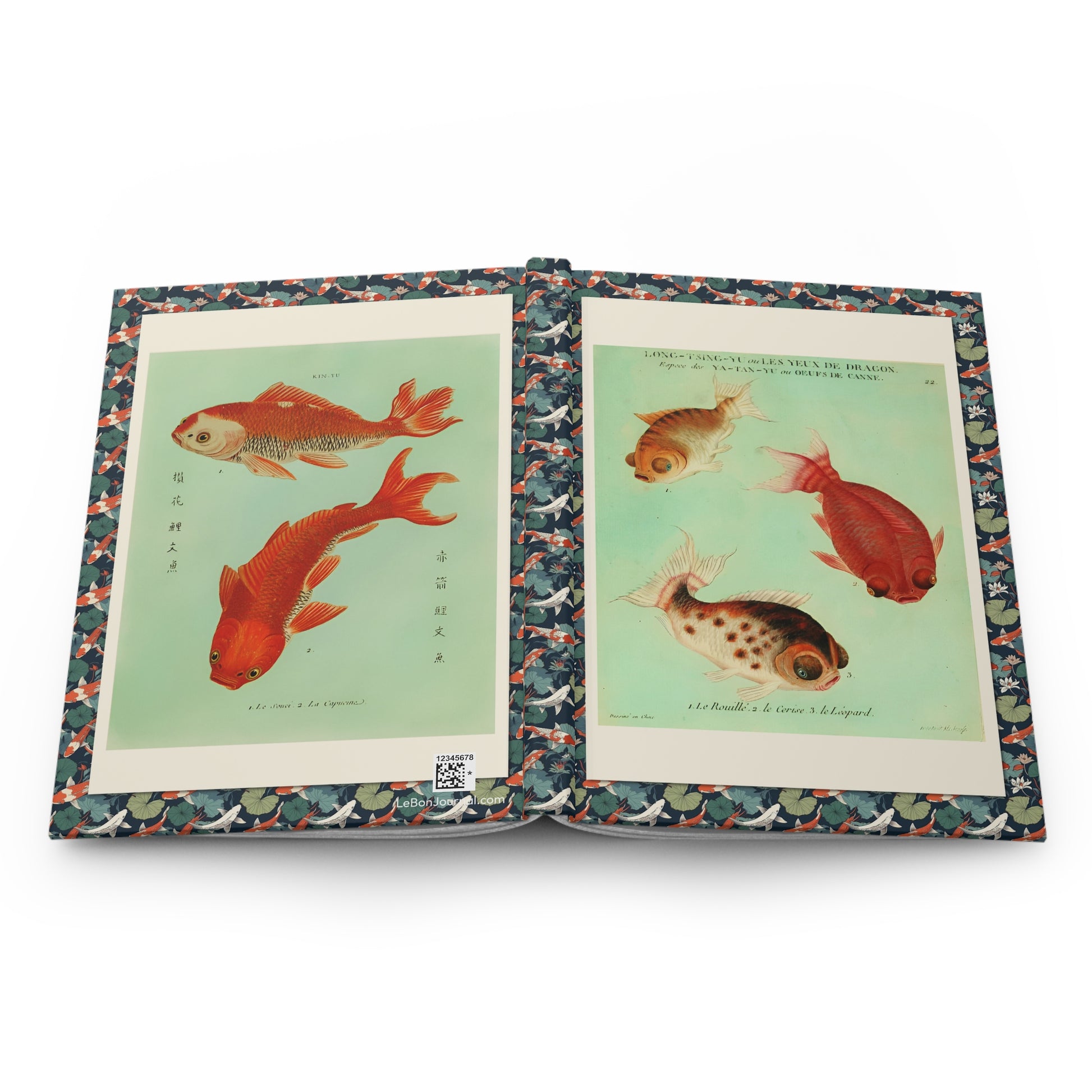 Goldfish journal open flat showing casewrap binding spine with François-Nicolas Martinet 1780 Dragon Eyes goldfish engravings front and back covers - LeBonJournal