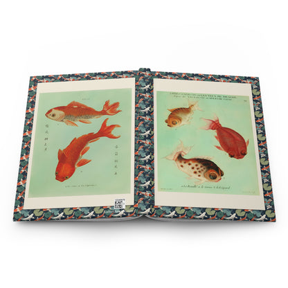 Goldfish journal open flat showing casewrap binding spine with François-Nicolas Martinet 1780 Dragon Eyes goldfish engravings front and back covers - LeBonJournal
