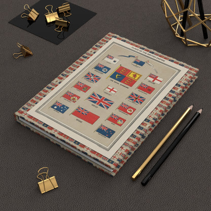 Harmsworth Atlas 1908 flags journal on desk with gold clips for travel journaling - LeBonJournal