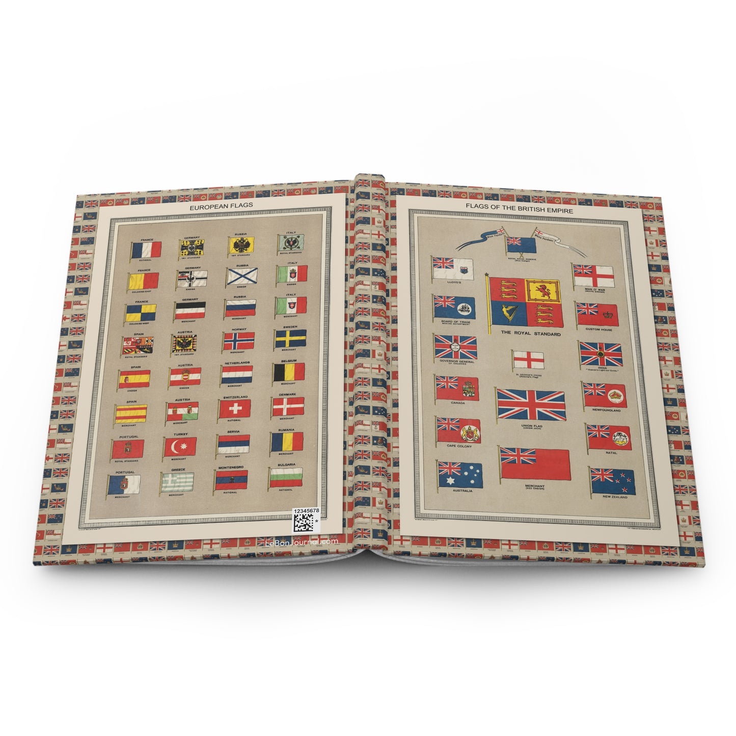 Harmsworth Atlas flags journal open showing casewrap binding with 1908 flag charts- harmsworth-atlas-flags-journal-open-binding - LeBonJournal