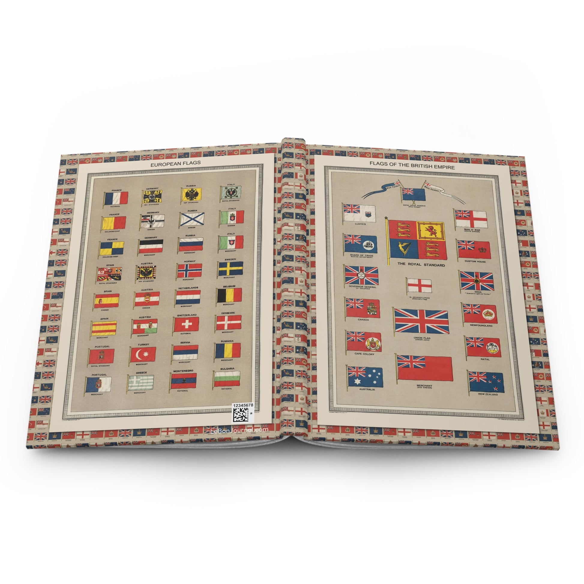 Harmsworth Atlas flags journal open showing casewrap binding with 1908 flag charts- harmsworth-atlas-flags-journal-open-binding - LeBonJournal