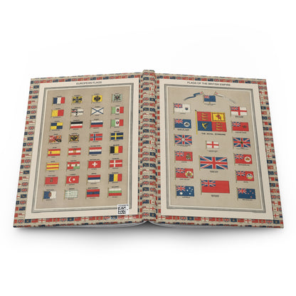 Harmsworth Atlas flags journal open showing casewrap binding with 1908 flag charts- harmsworth-atlas-flags-journal-open-binding - LeBonJournal