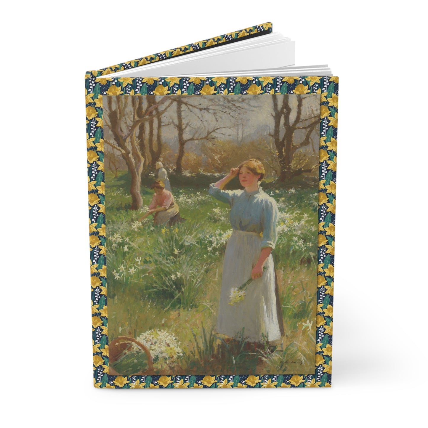 Hardcover journal standing upright showing Harold Harvey Daffodils painting on front cover with women picking flowers in Cornish meadow - LeBonJournal