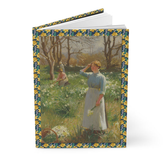 Hardcover journal standing upright showing Harold Harvey Daffodils painting on front cover with women picking flowers in Cornish meadow - LeBonJournal