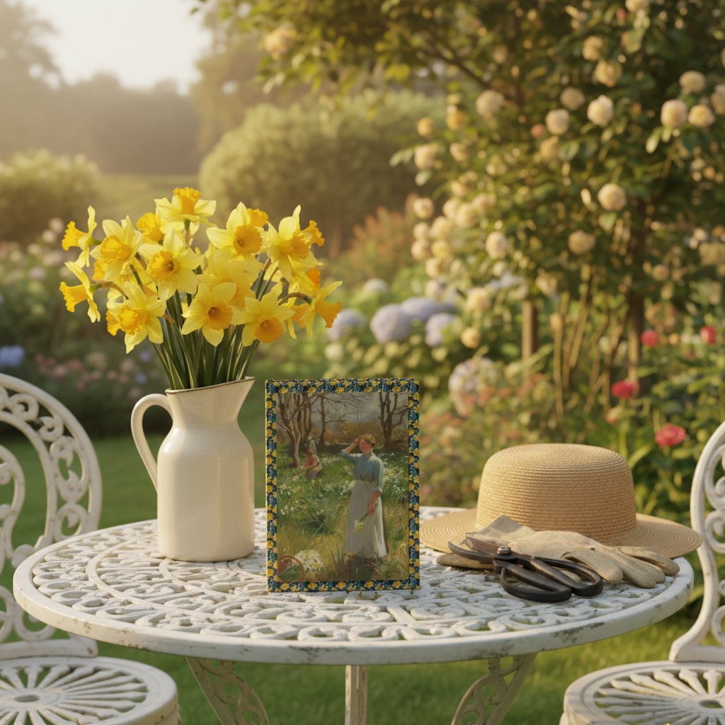 Lifestyle photo of Harold Harvey spring journal standing upright on vintage white garden table with fresh daffodils linen gloves pruning shears and straw hat in golden morning light - LeBonJournal