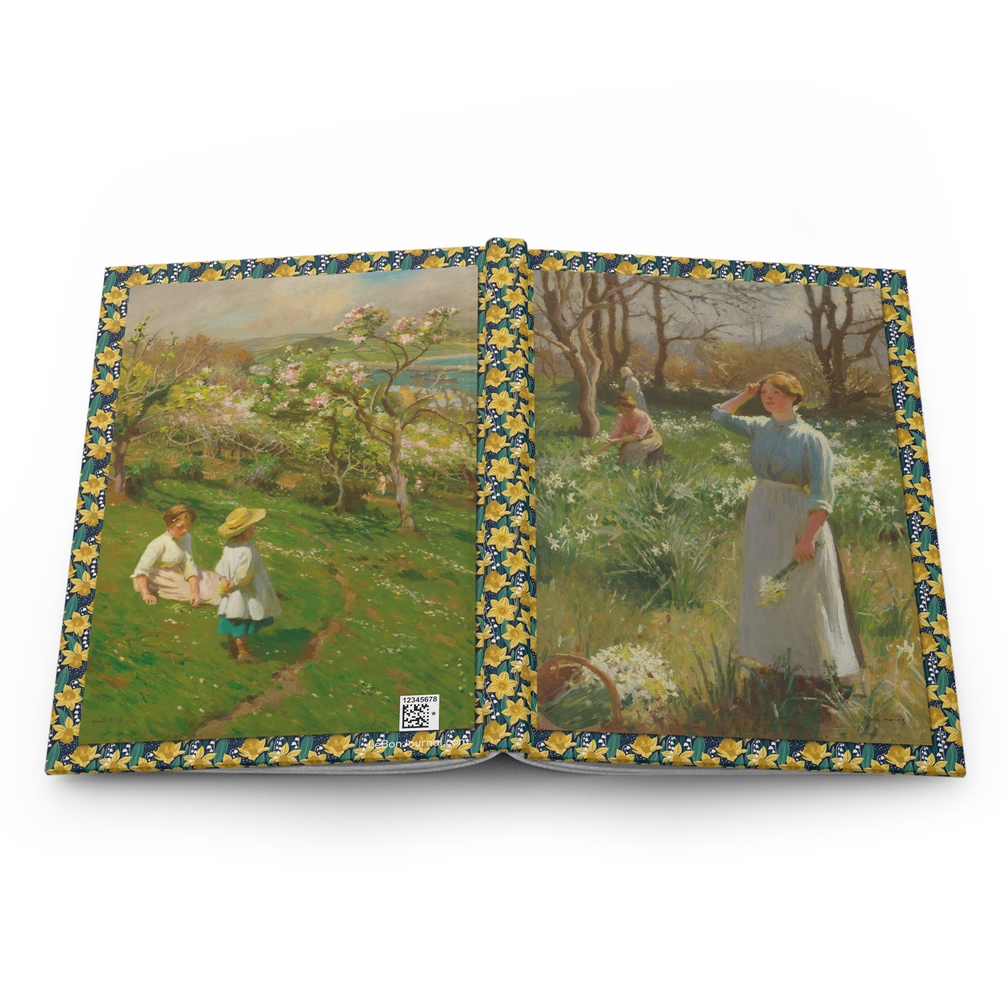 Hardcover journal opened flat showing spine binding and both covers with Harold Harvey Daffodils and Springtime in the Orchard paintings - LeBonJournal