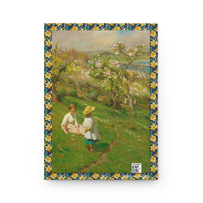 Back cover of hardcover journal featuring Harold Harvey Springtime in the Orchard painting with girls in blooming apple orchard overlooking sea - LeBonJournal
