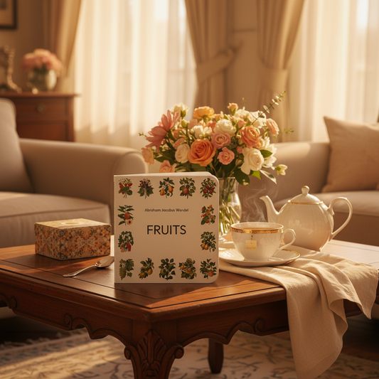 Heritage Fruits Mini Book standing on elegant antique wooden table with porcelain tea set, silver spoon, linen napkin and fresh flowers - warm feminine lifestyle - LeBonJournal
