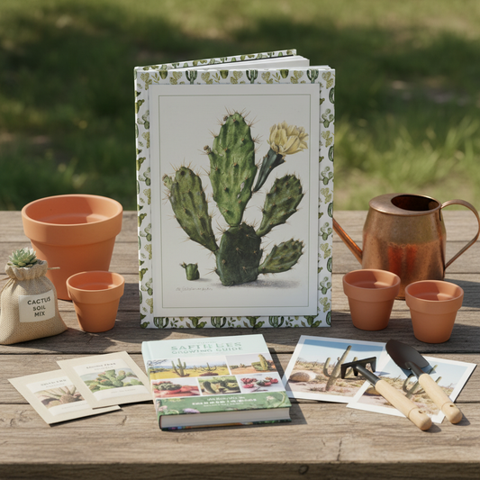Lifestyle photo of Herman Saftleven cactus botanical journal standing upright on rustic table with cactus seeds terracotta pots succulent guide gardening tools and copper watering can - LeBonJournal