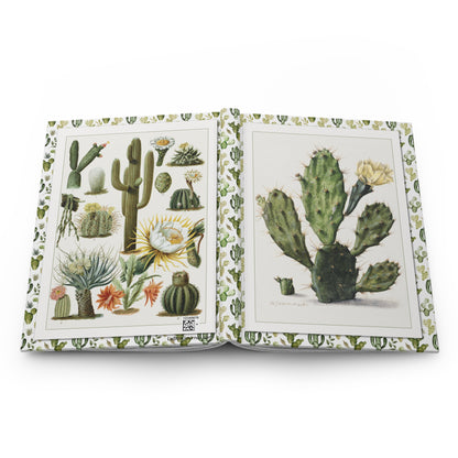 Hardcover journal opened flat showing spine binding and both covers with Herman Saftleven 1683 and G. Mütrel 1892 cactus botanical illustrations - LeBonJournal