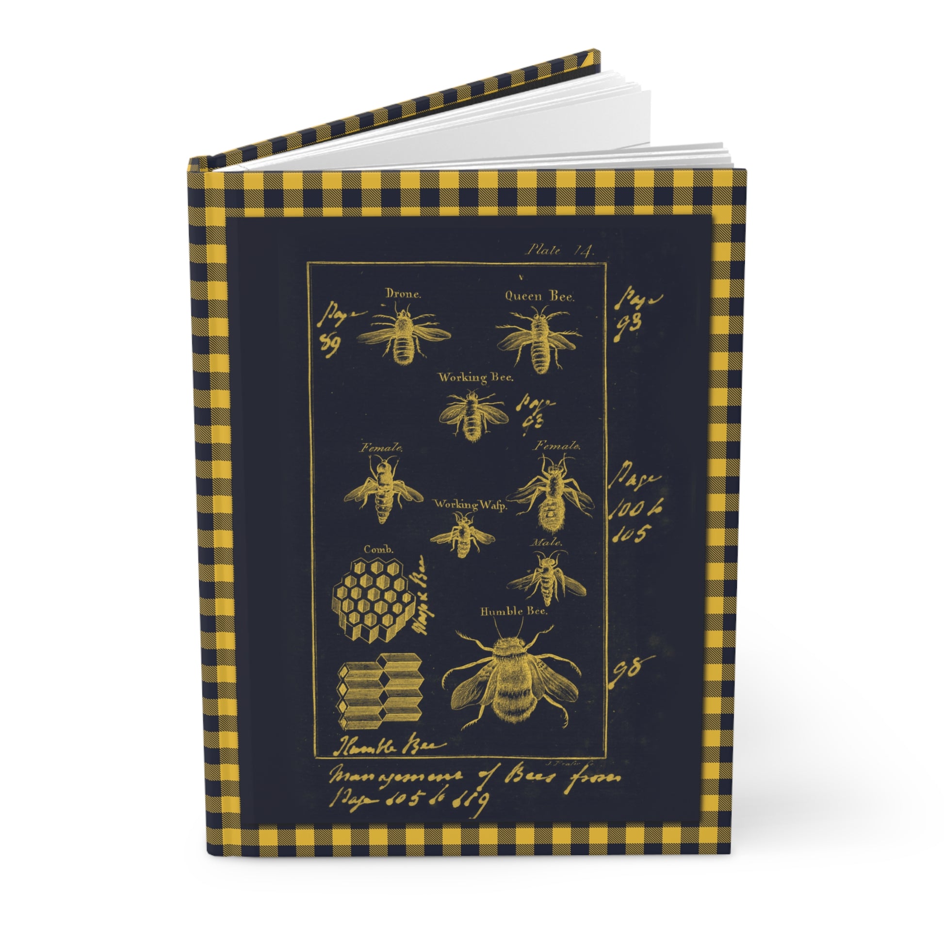 Honeybee colony hardcover journal featuring contemporary interpretation Natural History of Insects 1792 Plate 14 Queen Drone Worker Bee navy blue yellow gingham pattern Jan Swammerdam - LeBonJournal