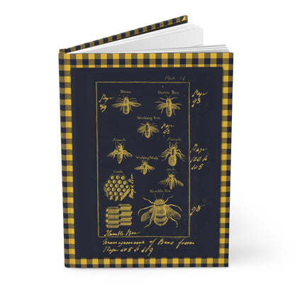 Honeybee colony hardcover journal featuring contemporary interpretation Natural History of Insects 1792 Plate 14 Queen Drone Worker Bee navy blue yellow gingham pattern Jan Swammerdam - LeBonJournal