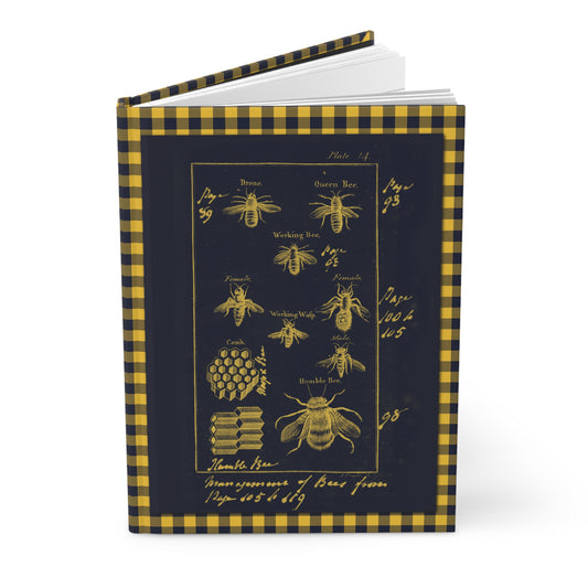 Honeybee colony hardcover journal featuring contemporary interpretation Natural History of Insects 1792 Plate 14 Queen Drone Worker Bee navy blue yellow gingham pattern Jan Swammerdam - LeBonJournal