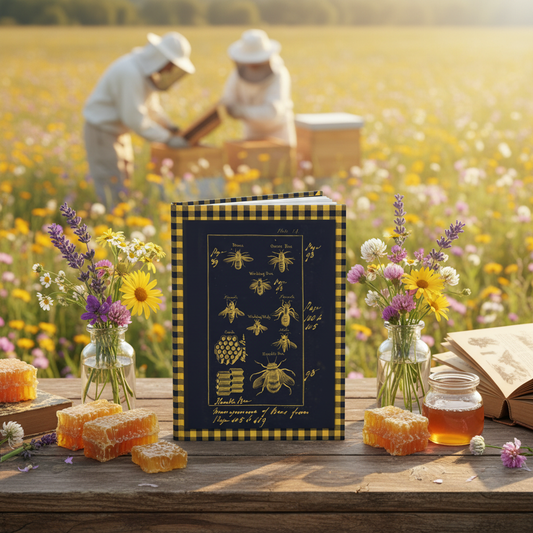 Honeybee colony journal with beekeeping equipment honey jars wildflowers pollinator garden 18th century Natural History of Insects books apiculture tools - LeBonJournal