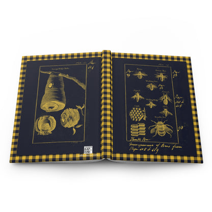 Honeybee colony journal open flat showing casewrap binding spine with 1792 Natural History Insects Plates 14-15 navy yellow gingham front and back covers - LeBonJournal