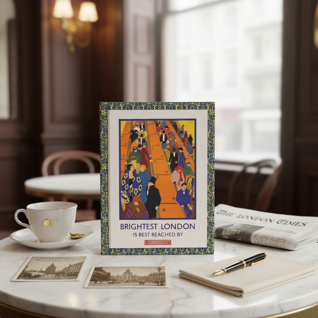 Lifestyle photo of Horace Taylor Brightest London journal standing upright on marble café table with vintage tea cup London newspaper cabaret guide and fountain pen - LeBonJournal