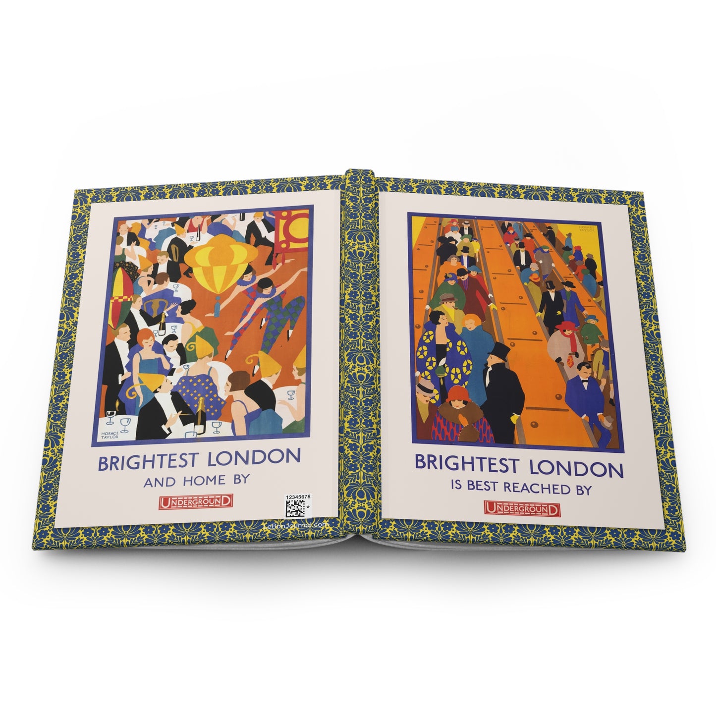 Hardcover journal opened flat showing spine binding and both covers with Horace Taylor 1924 Brightest London Underground Art Deco posters - LeBonJournal