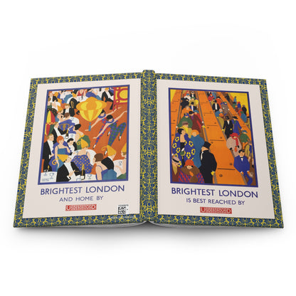Hardcover journal opened flat showing spine binding and both covers with Horace Taylor 1924 Brightest London Underground Art Deco posters - LeBonJournal