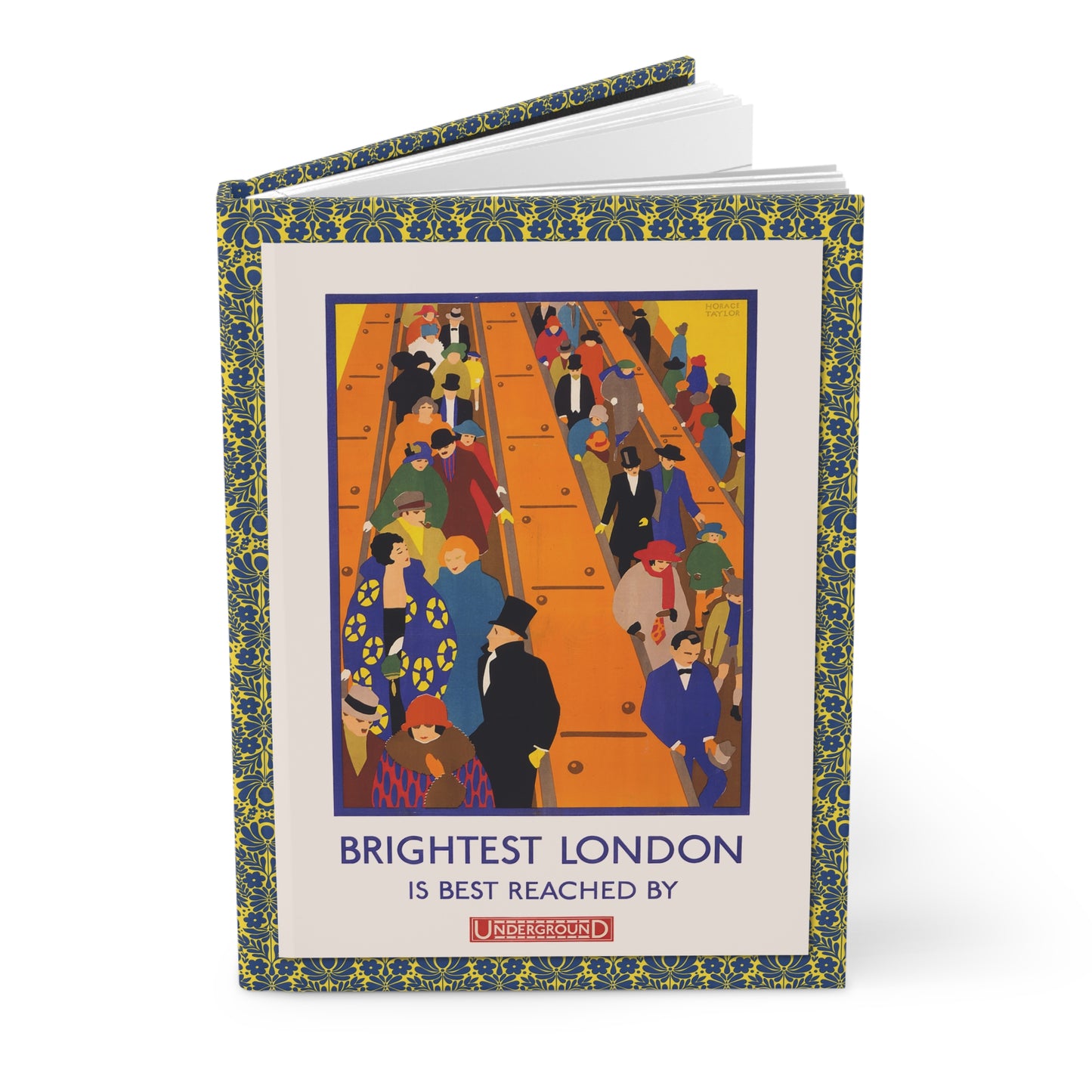 Hardcover journal standing upright showing Horace Taylor Brightest London is Best Reached by Underground 1924 Art Deco poster on front cover - LeBonJournal