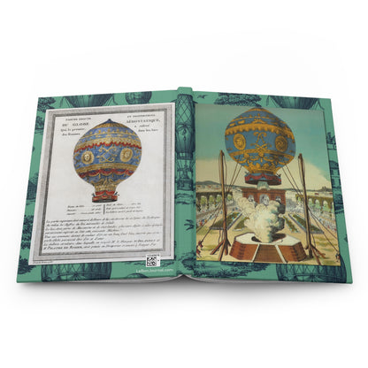 Hot air balloon journal open flat showing casewrap binding spine with Claude Louis Desrais Montgolfier engravings front and back covers - LeBonJournal