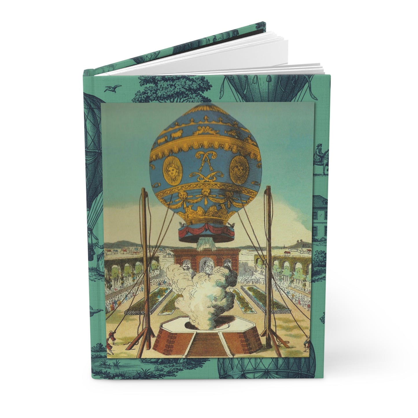Hot air balloon hardcover journal featuring Claude Louis Desrais 1786 hand-colored engraving of Montgolfier brothers Versailles demonstration September 1783 with Le Réveillon balloon and royal court - LeBonJournal
