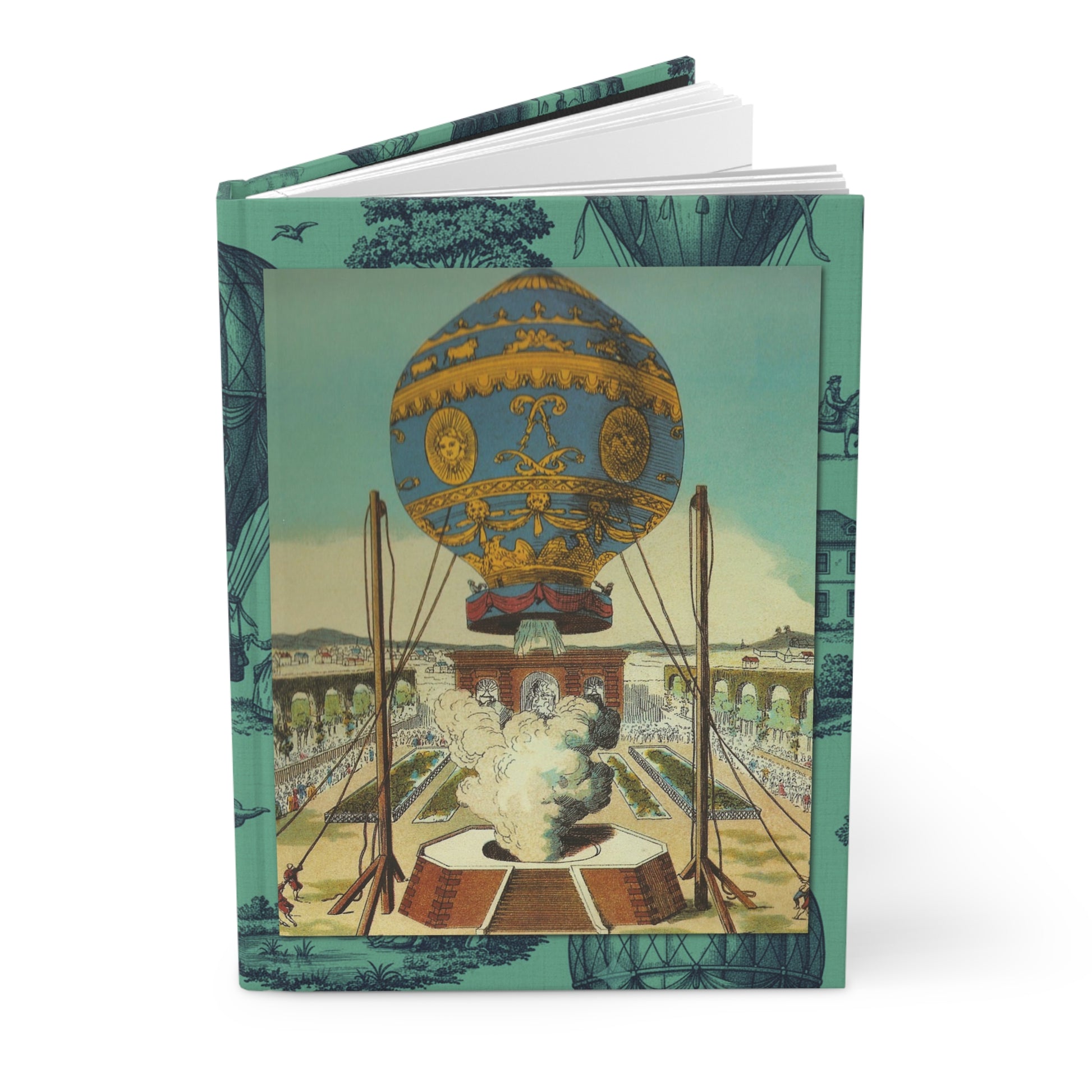 Hot air balloon hardcover journal featuring Claude Louis Desrais 1786 hand-colored engraving of Montgolfier brothers Versailles demonstration September 1783 with Le Réveillon balloon and royal court - LeBonJournal