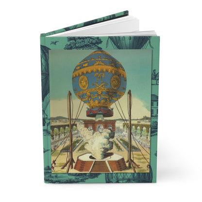 Hot air balloon hardcover journal featuring Claude Louis Desrais 1786 hand-colored engraving of Montgolfier brothers Versailles demonstration September 1783 with Le Réveillon balloon and royal court - LeBonJournal