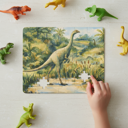 Struthiomimus 1906 colorized kids' puzzle mid-assembly overhead view with rubber dinosaur toys and child's hand placing a piece - LeBonJournal