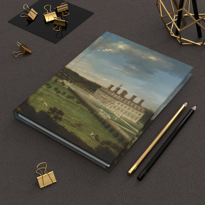 Jan Siberechts 1675 Bayhall landscape journal on desk with gold clips for travel journaling - LeBonJournal