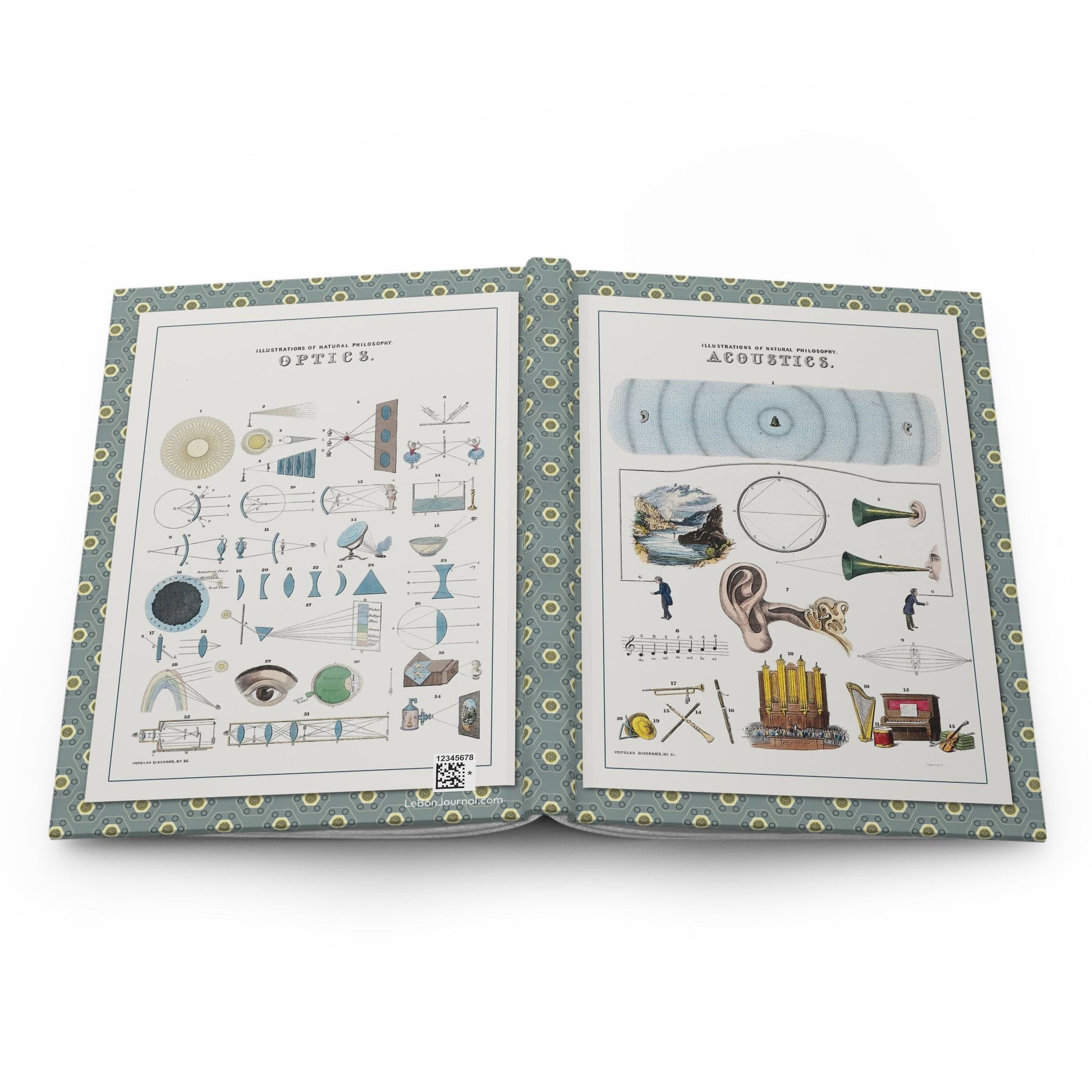 Hardcover journal opened flat showing spine binding and both covers with John Emslie Acoustics and Optics scientific diagrams from 1850 - LeBonJournal