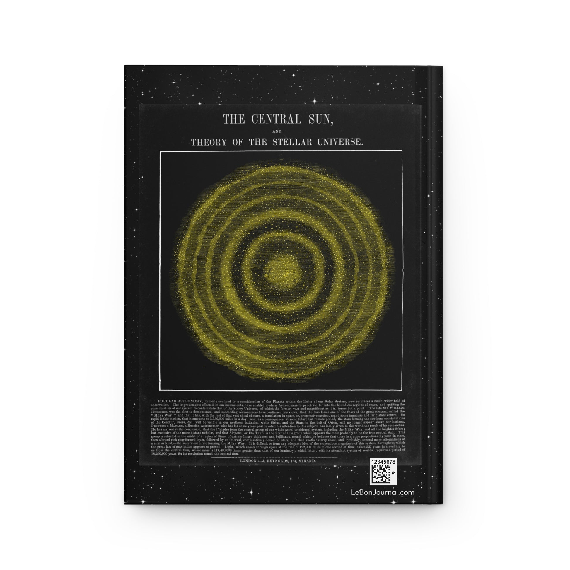 Solar system journal back cover with Central Sun and Theory of Stellar Universe 1846 - LeBonJournal
