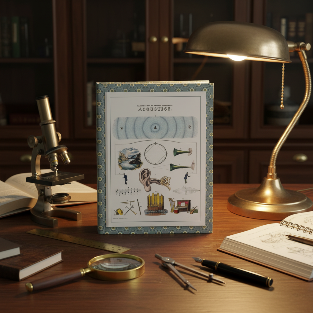 Lifestyle photo of John Emslie Natural Philosophy journal standing upright on dark wood desk with vintage microscope magnifying glass physics book compass and desk lamp - LeBonJournal