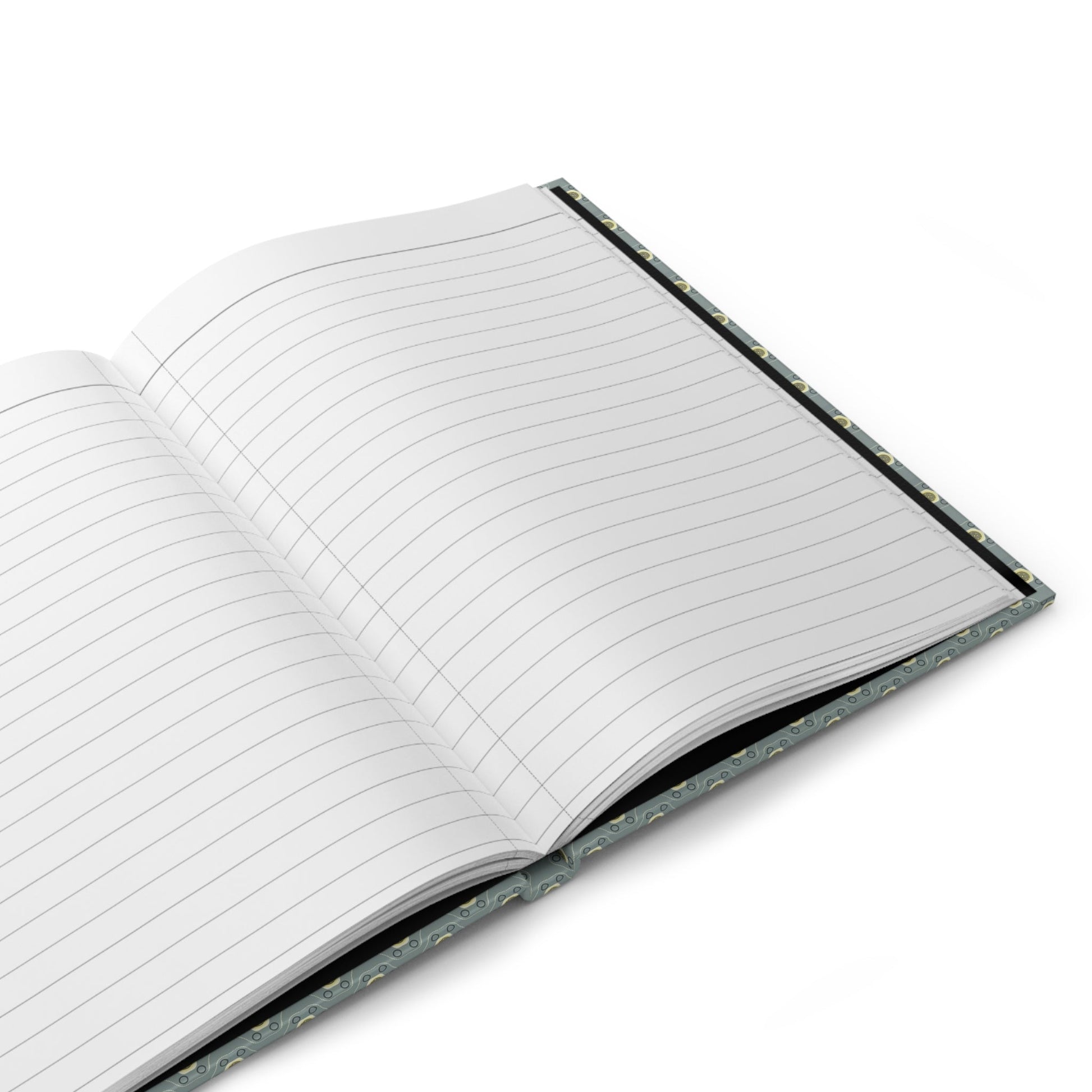 Hardcover journal open showing 150 lined pages with casewrap binding and John Emslie scientific diagram cover art - LeBonJournal