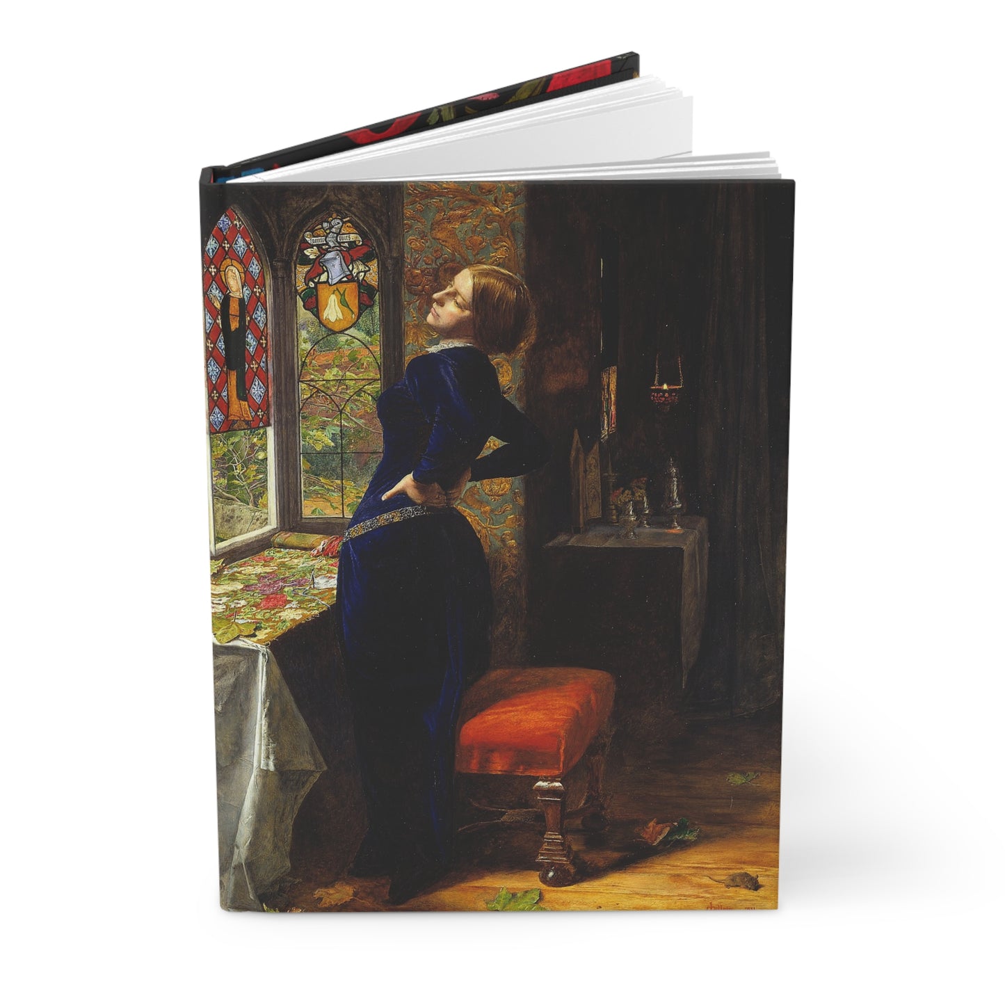 Hardcover journal standing upright showing John Everett Millais Mariana 1851 Pre-Raphaelite painting on front cover - LeBonJournal