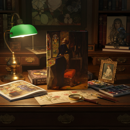 Lifestyle photo of John Everett Millais Mariana journal standing upright on dark wood desk with Tate Britain catalog Pre-Raphaelite book magnifying glass watercolors and green desk lamp - LeBonJournal